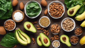 A flat lay of magnesium-rich foods such as almonds, spinach, bananas, and avocados arranged neatly on a wooden surface, symbolizing natural healing.