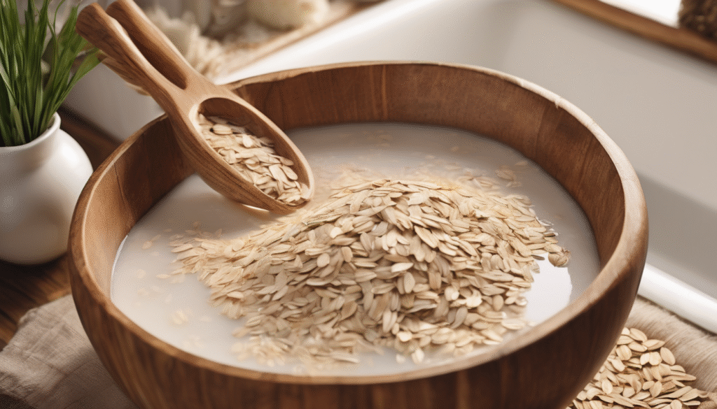 A soothing oatmeal bath setup with a wooden bowl of finely ground oats beside a warm tub