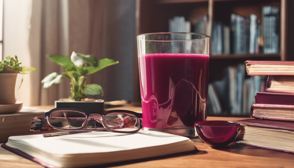 A glass of juice placed next to books, a laptop, and glasses on a desk, soft morning light, symbolizing focus and brain health.