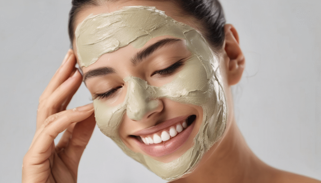 A smiling woman applying a thin clay mask on her T-zone (forehead, nose, and chin)