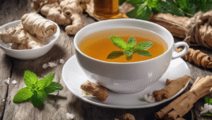 A cozy setting with a steaming cup of peppermint and ginger tea on a wooden table, surrounded by fresh herbs like mint leaves, chamomile flowers, and ginger slices.