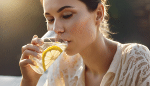 A close-up of a woman drinking a glass of water with lemon slices, looking refreshed, with sunlight softly highlighting the glass.