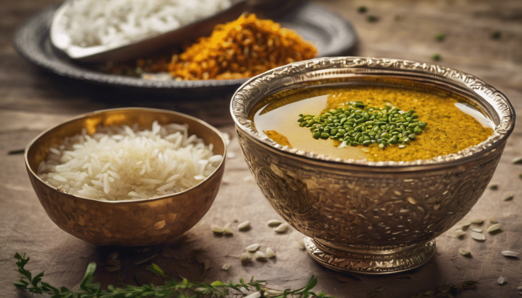 A warm glass of cumin seed water served in a transparent cup, placed next to a healthy Indian meal of rice and dal, symbolizing improved digestion and weight loss. Soft focus background showing a happy person enjoying light Indian food."