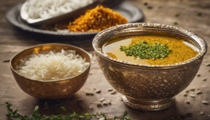 A warm glass of cumin seed water served in a transparent cup, placed next to a healthy Indian meal of rice and dal, symbolizing improved digestion and weight loss. Soft focus background showing a happy person enjoying light Indian food."