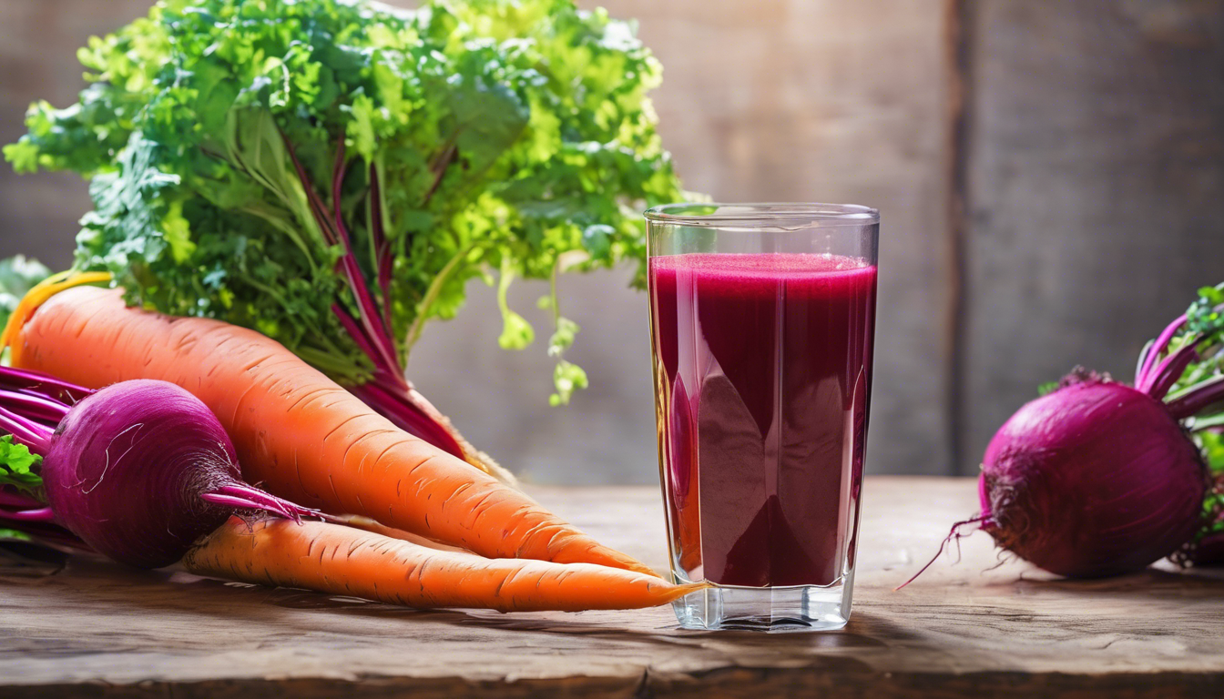 A tall glass of freshly made carrot and beet juice on a wooden table, with sliced carrots and beets around it, bright natural lighting, healthy lifestyle aesthetic, clean and vibrant colors.these all ingredient indicates benefits of carrot and beetroot juice