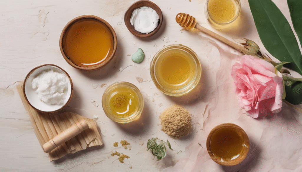a small bowl of raw honey, aloe vera gel, clay powder,