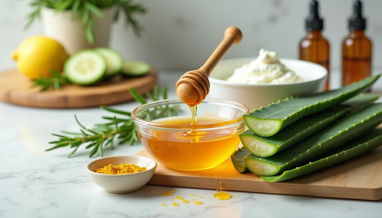 Honey dripping from a wooden dipper into a bowl surrounded by aloe vera, turmeric, cucumber, lemon, and skincare bottles for acne remedies.