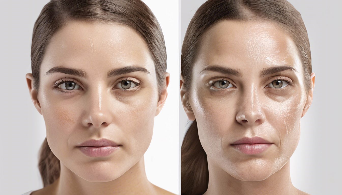 A realistic image of the same woman’s face split into two halves: left side showing visible dark circles under the eye, tired expression; right side bright, refreshed skin with no dark circles, healthy and youthful look, clear white background. this picture indicates that she remove dark circles permanently