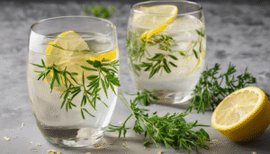 "A refreshing glass of cumin seed water with lemon slices and a few fresh herbs for garnish, symbolizing detox and immunity boost. Bright, clean background with subtle Ayurvedic elements like turmeric, ginger, and tulsi leaves."
