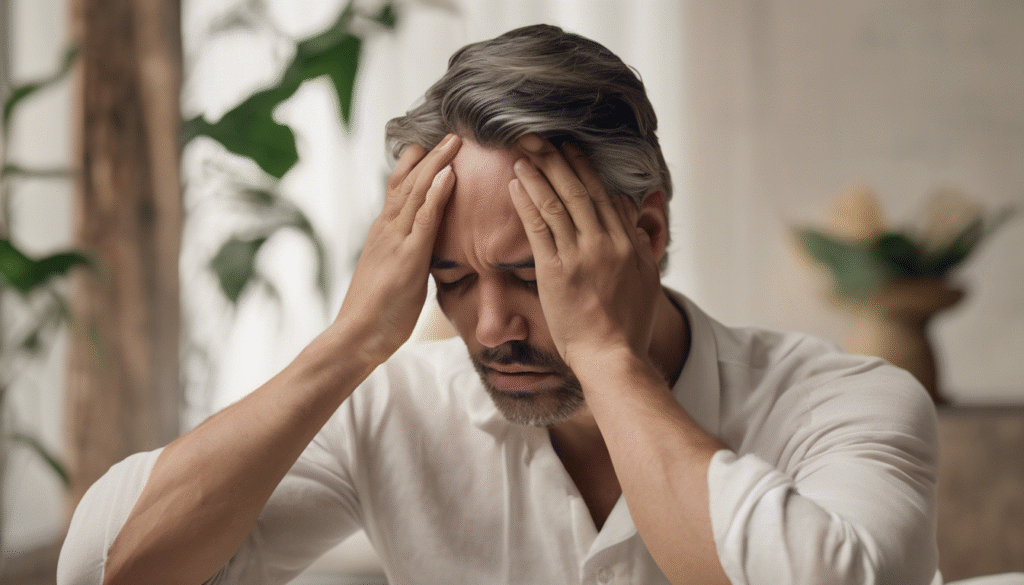 A person massaging their temples with closed eyes in a calm environment
