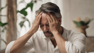 A person massaging their temples with closed eyes in a calm environment, showing natural stress relief without medication.