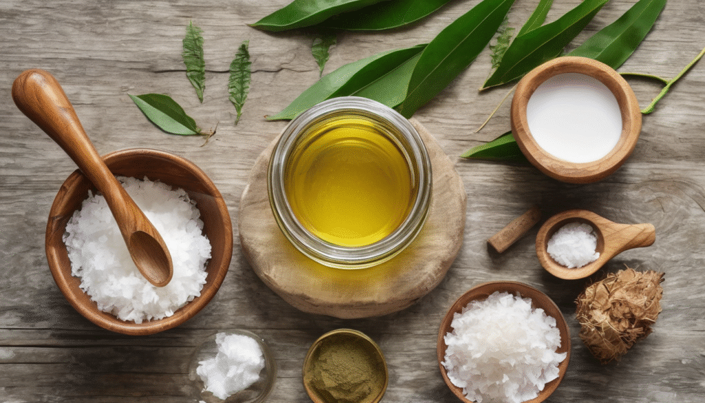 a small jar of coconut oil, baking soda in a wooden spoon, neem leaves, and a bowl of sandalwood paste