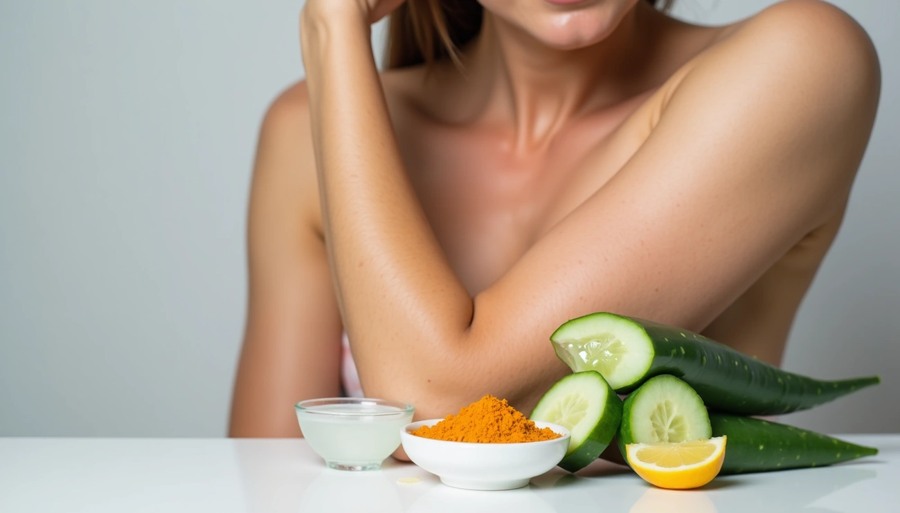 Woman with smooth underarms sits behind natural skincare ingredients like turmeric, cucumber, lemon, and aloe for underarm pigmentation treatment.