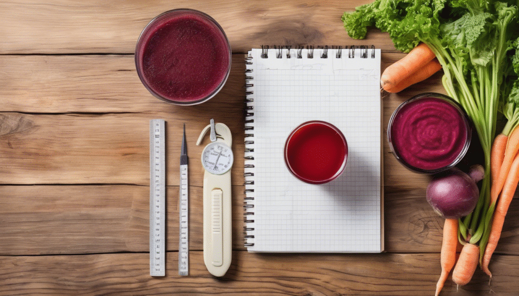 A flat-lay of a glass of carrot and beet juice next to a measuring tape, notebook, and fresh vegetables, symbolizing healthy weight management.