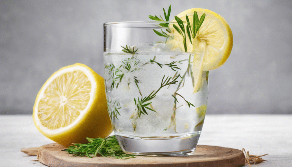 "A refreshing glass of cumin seed water with lemon slices and a few fresh herbs for garnish, symbolizing detox and immunity boost. Bright, clean background with subtle Ayurvedic elements like turmeric, ginger, and tulsi leaves."