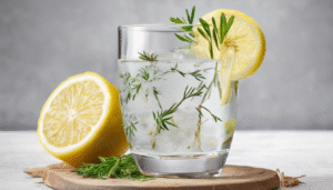 "A refreshing glass of cumin seed water with lemon slices and a few fresh herbs for garnish, symbolizing detox and immunity boost. Bright, clean background with subtle Ayurvedic elements like turmeric, ginger, and tulsi leaves."