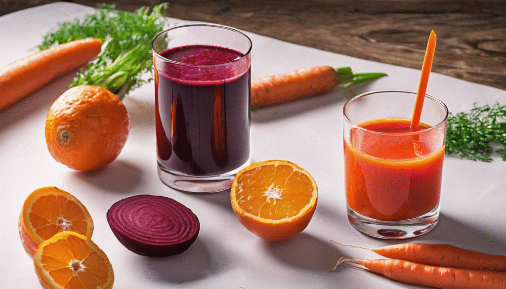 A glass of carrot and beet juice with fresh oranges, carrots, and beets arranged beside it, symbolizing Vitamin C and immunity, bright and fresh look.