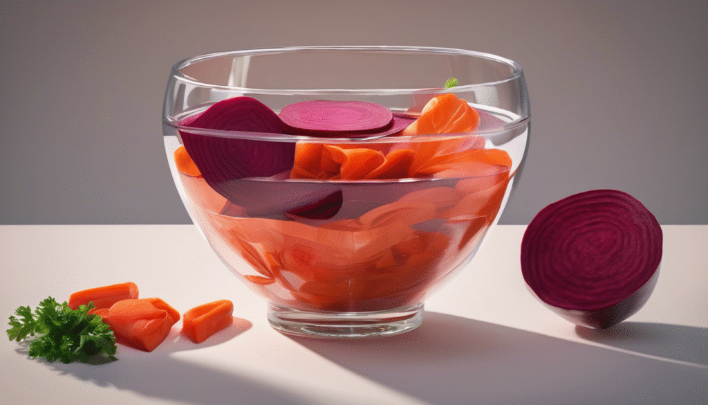 A heart-shaped bowl filled with carrot and beet slices beside a glass of juice, soft red tones, symbolizing heart health and vitality.