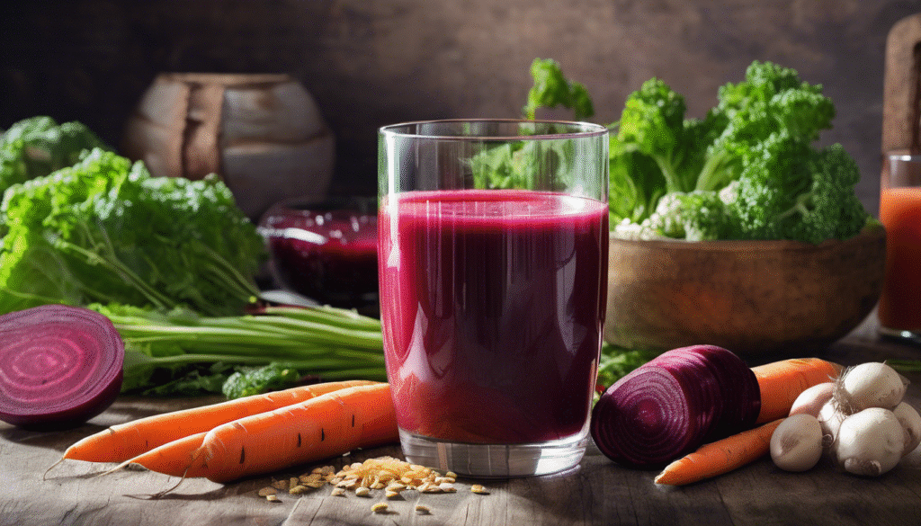 A cozy morning scene with a glass of beet and carrot juice, next to a bowl of fresh vegetables and whole grains, showing a healthy gut-friendly lifestyle.