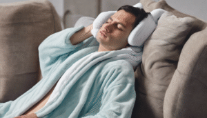 A person lying on a couch with a cold towel or ice pack placed gently on their forehead, showing visible relaxation.
