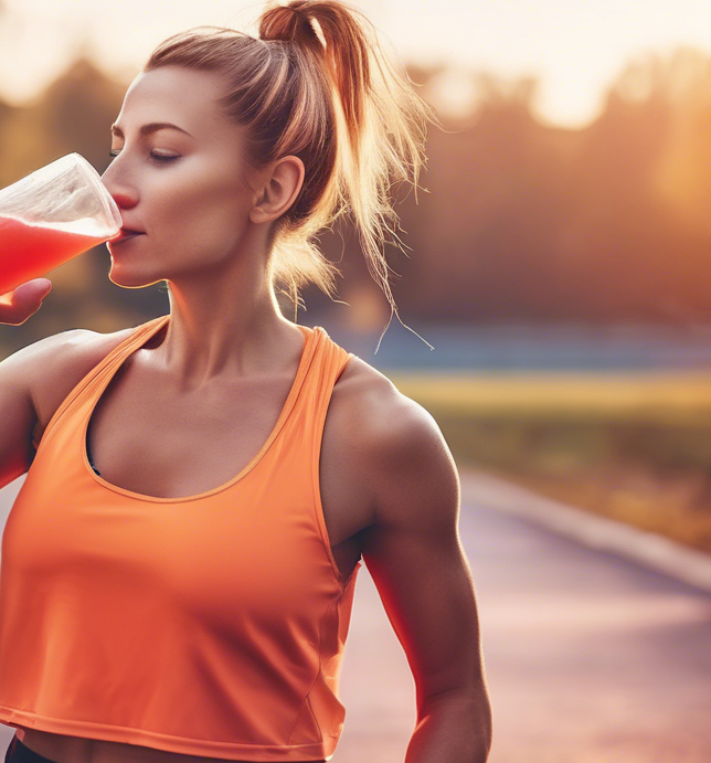 A sporty person drinking carrot and beet juice before jogging, sunrise background, energetic and motivating vibe.