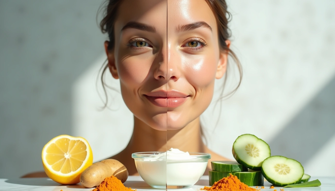 Permanent Skin Whitening at Home Naturally 'Natural ingredients including lemon, potato, turmeric, yogurt, and cucumber arranged in front of a person for skin whitening treatment.