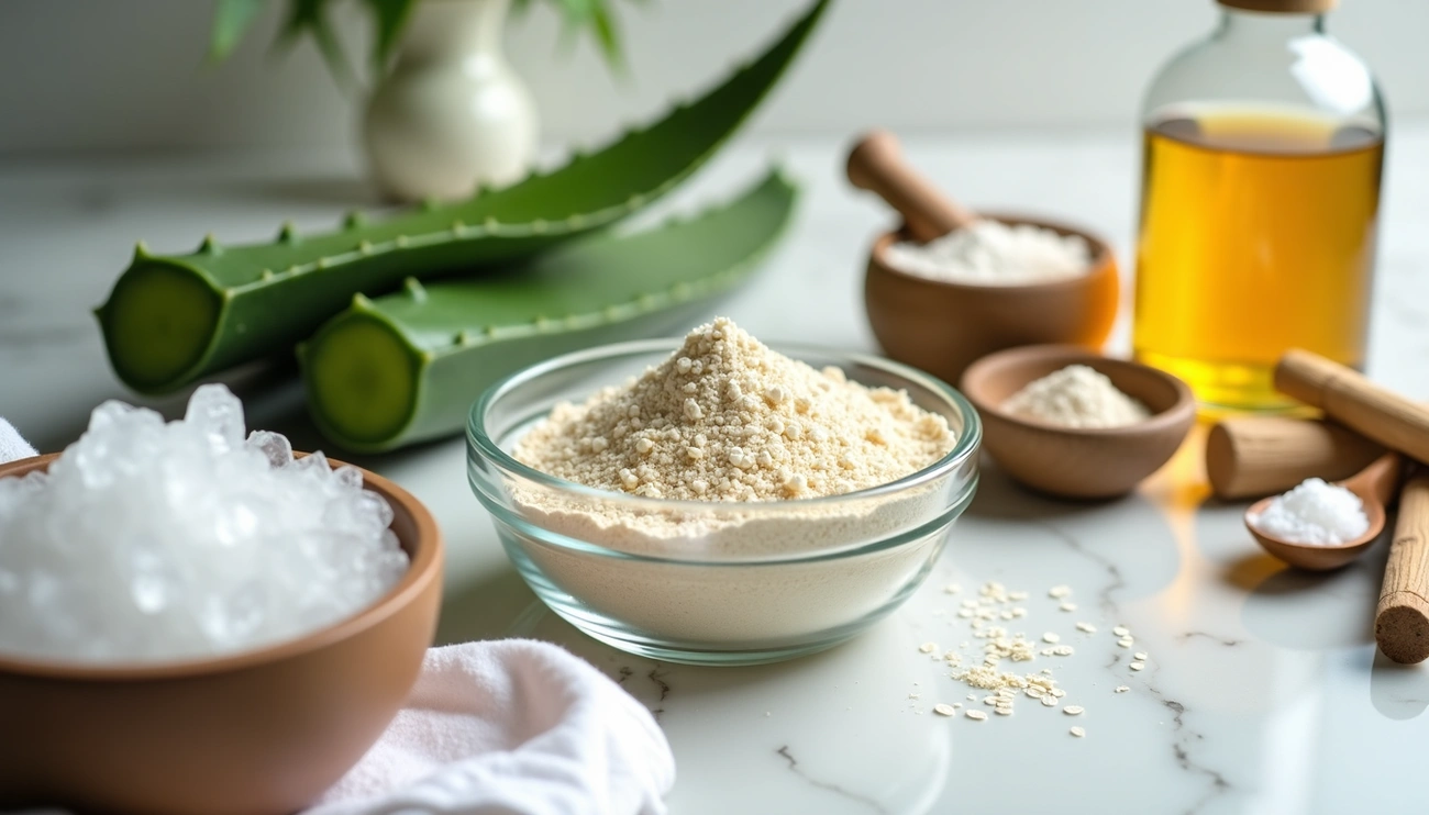 Bowls of natural kitchen ingredients like aloe vera, powder, and oil for quick skin allergy home remedies.