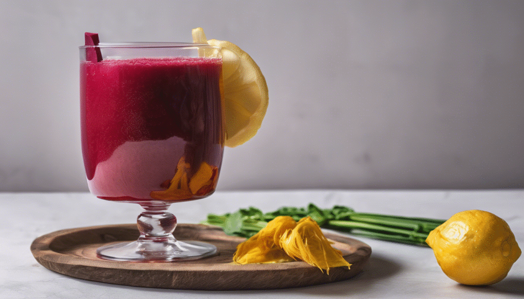 A detox-style setup: glass of carrot and beet juice with lemon and ginger on the side, clean minimal background, symbolizing cleansing and freshness.