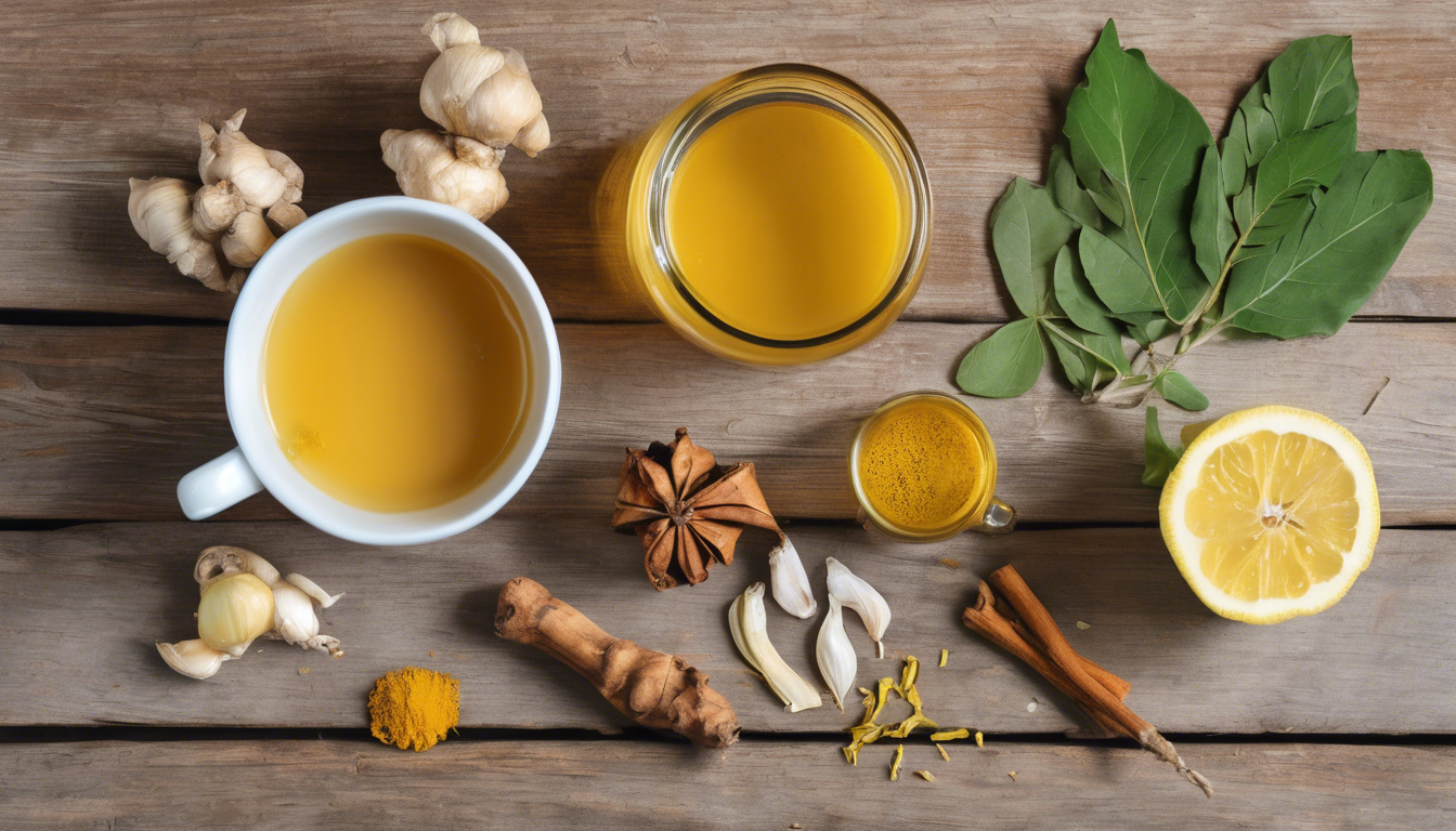 A bright and inviting flat lay of traditional Indian kitchen ingredients used as dry cough natural remedies – a glass of turmeric milk, a cup of ginger tea with honey, fresh lemon slices, cloves, garlic, and tulsi leaves arranged neatly on a wooden table. Warm natural light, cozy homely vibe,all use for natural remedy for a dry cough