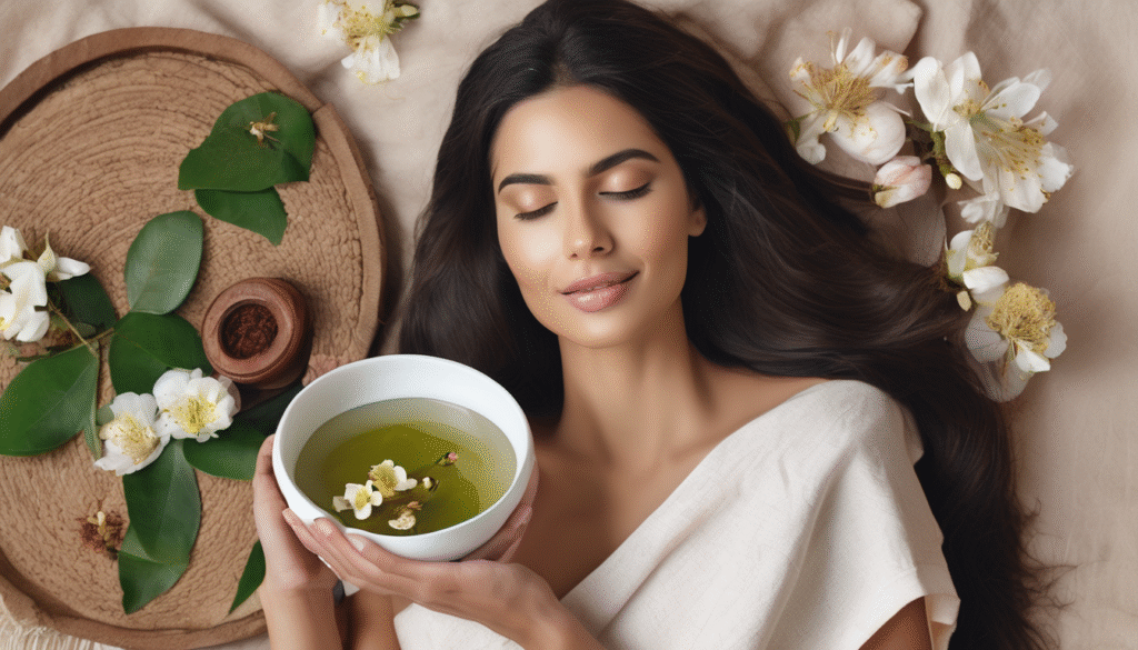 A woman with long, healthy, shiny dark hair holding a bowl of amla hair mask mixture, serene Ayurvedic spa setting with coconut oil bottles and flowers