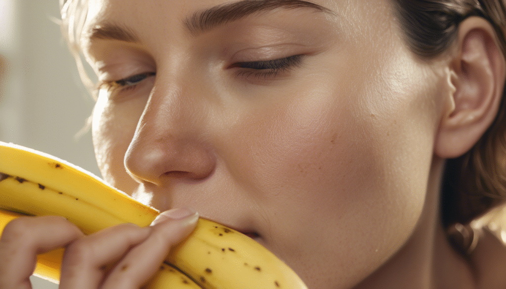 A woman gently rubbing the inside of a banana peel on her face, soft natural light, close-up shot showing smooth glowing skin