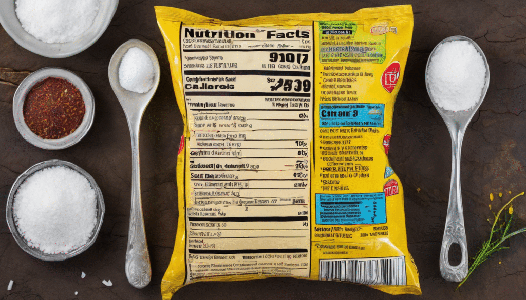 A flat-lay shot of a Maggi packet with its nutrition facts label highlighted, surrounded by measuring spoons of sugar, salt, oil, and flour to represent calories, sodium, and refined carbs.