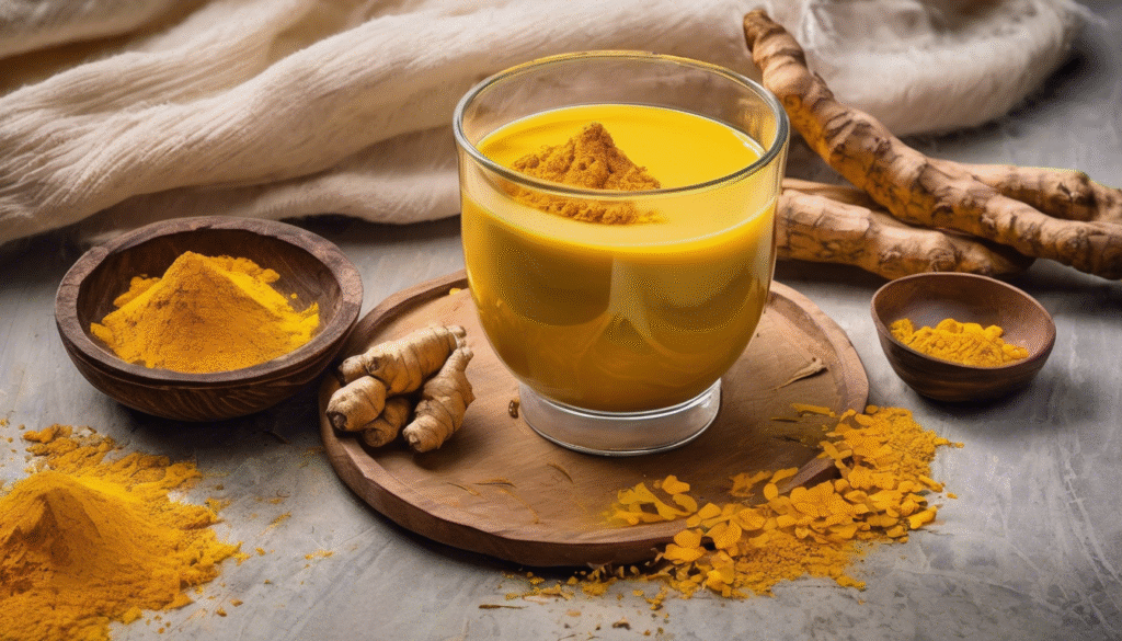 A glass of warm golden turmeric milk (haldi doodh) placed on a wooden tray with turmeric roots and powder around it. Soft yellow glow and homely setting, symbolizing a traditional Indian dry cough home remedy.