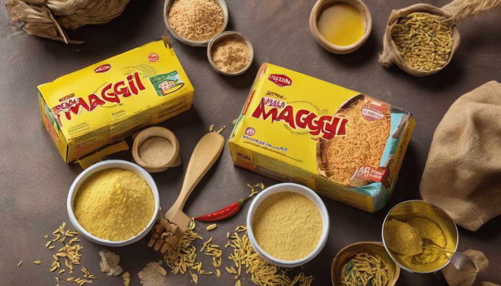 Close-up of raw Maggi block, tastemaker sachet placed beside it, labeled jars of maida (refined flour), palm oil, MSG crystals, and preservatives arranged in the background, educational style composition