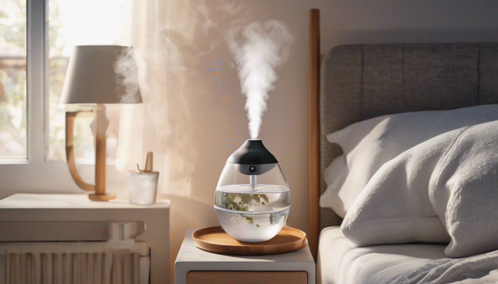 A bedside table with a running humidifier releasing mist and a glass of warm water next to it. Cozy bedroom atmosphere representing comfort, hydration, and healing as a dry cough home remedy.