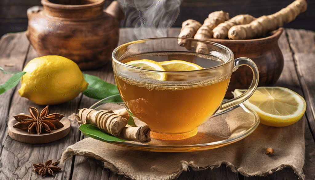 A steaming cup of ginger tea with fresh ginger slices, lemon wedges, and a dash of honey on the side. Rustic Indian teacup style with a background of kitchen spices to emphasize natural healing.