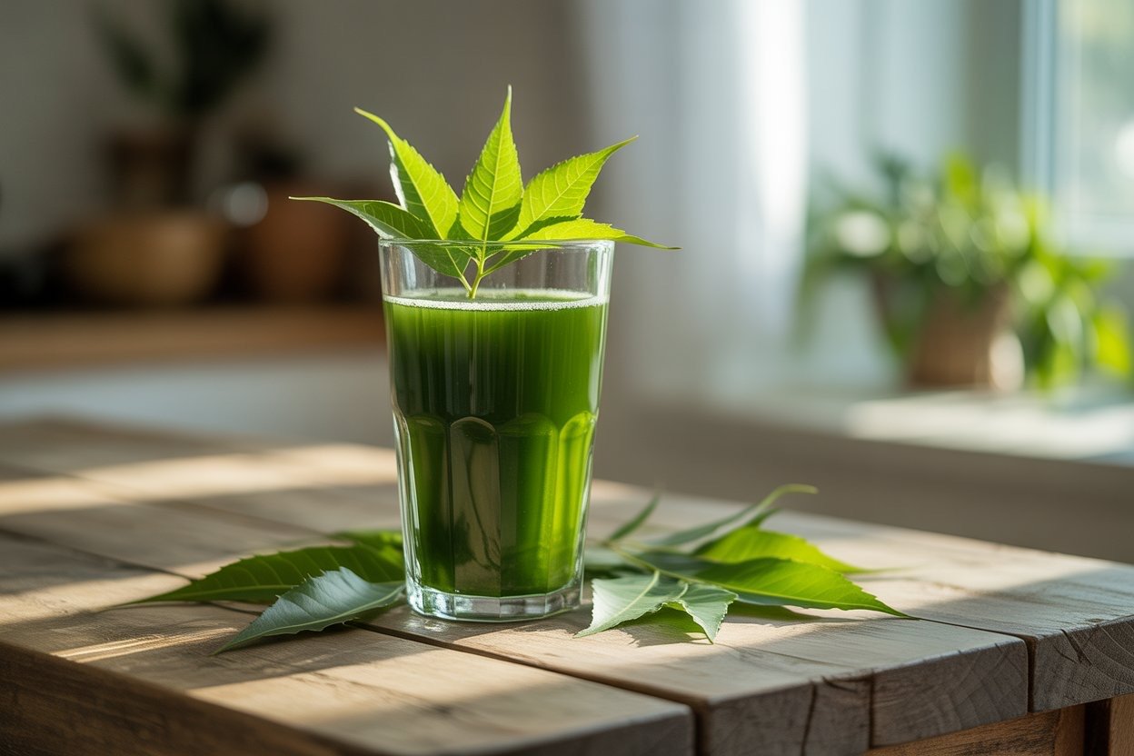 ''benefits of neem juice'' glass of neem juice with neem leaves