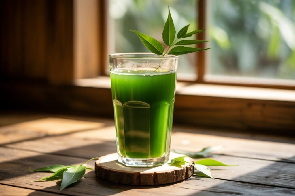 glass of neem juice on the wooden table