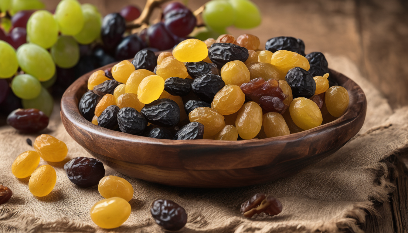''benefits of kishmish'' wooden bowl filled with golden and black kishmish (raisins)