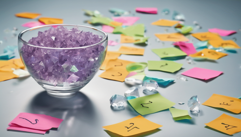 A conceptual photo with MSG crystals in a small glass bowl, surrounded by question marks on sticky notes, clean scientific background, focus on debate and curiosit