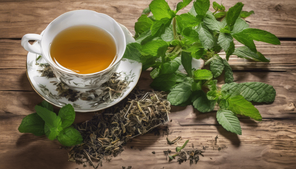 A beautiful teacup of herbal tea made with peppermint leaves and licorice root. Fresh herbs scattered around the cup on a wooden surface symbolize natural and refreshing relief for a dry cough