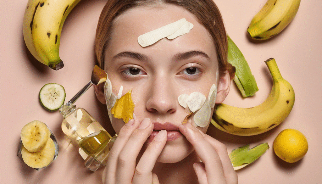 A teenager applying a banana peel to acne spots on the cheek, natural bathroom setting, focus on clear healthy skin.